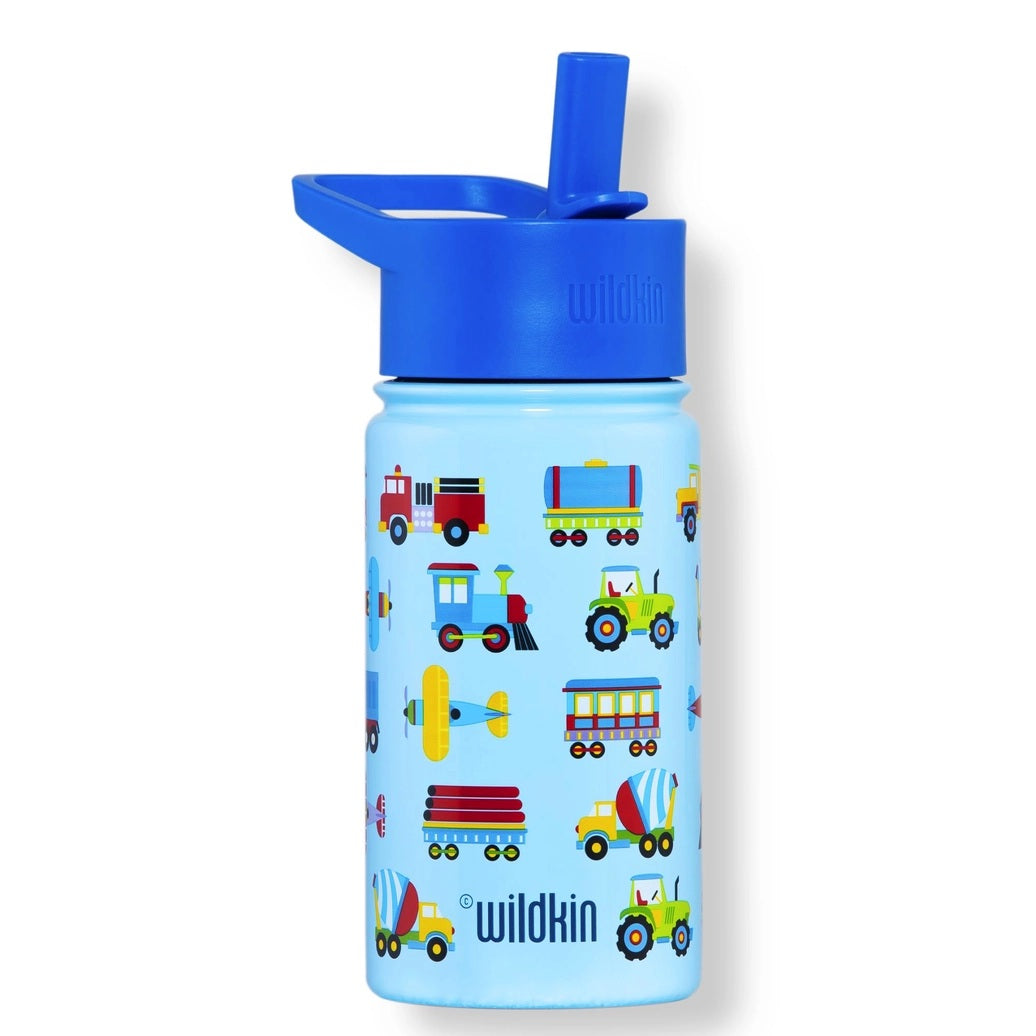 Insulated 14 oz Stainless Steel Water Bottle w/ Straw - Trains, Planes, & Trucks